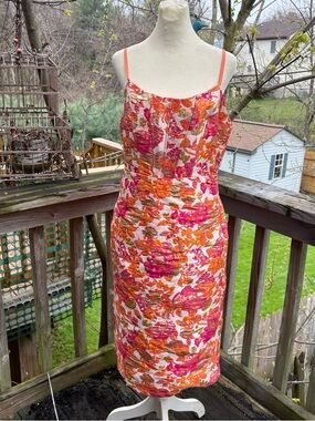 SHEIN Bae Orange Pink Gold Floral Fitted Dress Women’s Size Large NWT